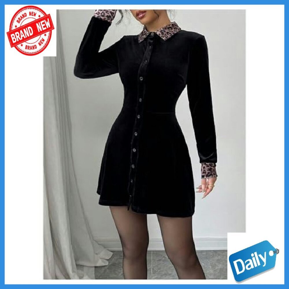 Velvet Leopard Print Long Sleeve Button Down Ruffle Mini Dress - Picture 5 of 6